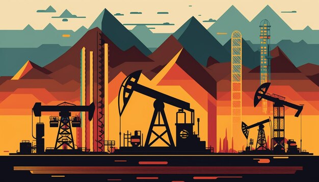 Un'illustrazione di una piattaforma petrolifera e montagne con le montagne sullo sfondo.