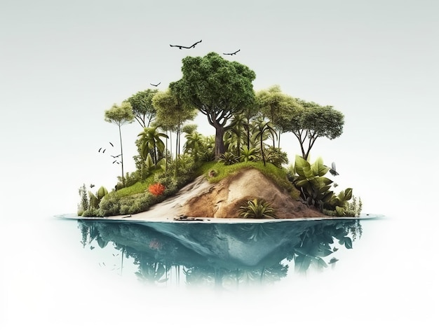 Un'illustrazione di una piccola isola con alberi e un uccello su di essa