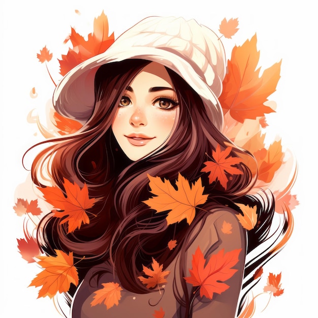 un'illustrazione di una ragazza che indossa un cappello e circondata da foglie autunnali