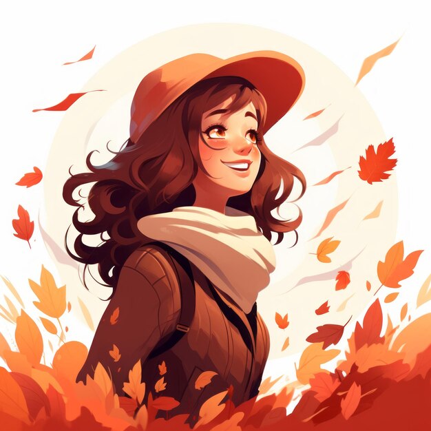 un'illustrazione di una ragazza con i capelli lunghi e un cappello in autunno