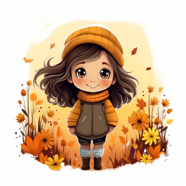 un'illustrazione di una ragazzina con un maglione e un cappello in piedi in un campo di foglie d'autunno