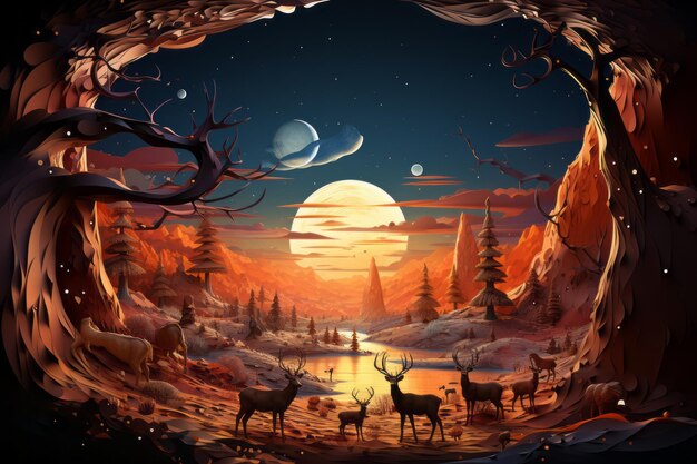 un'illustrazione di una scena nella foresta con cervi e alberi