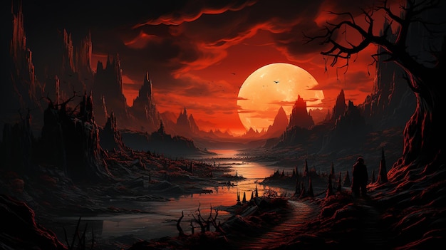 un'illustrazione di una scena notturna fantasy con una luna spaventosa nell'oscurità