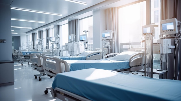 Un'illustrazione di una stanza d'ospedale con letti vuoti e attrezzature mediche