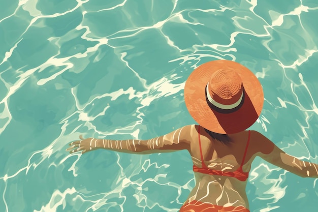 un'illustrazione di una vacanza di nuoto con una donna attraente con un cappello sdraiata in piscina