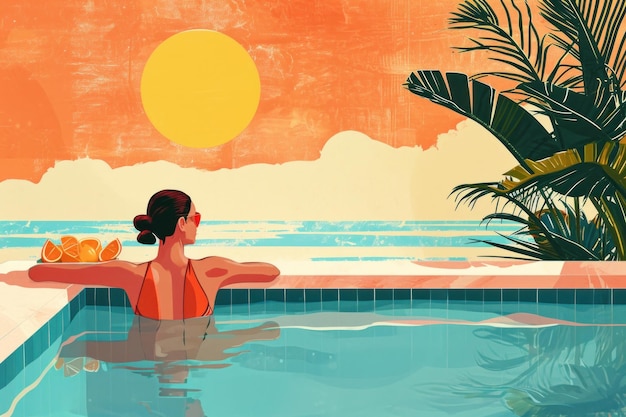 un'illustrazione di una vacanza di nuoto con una donna attraente con un cappello sdraiata in piscina