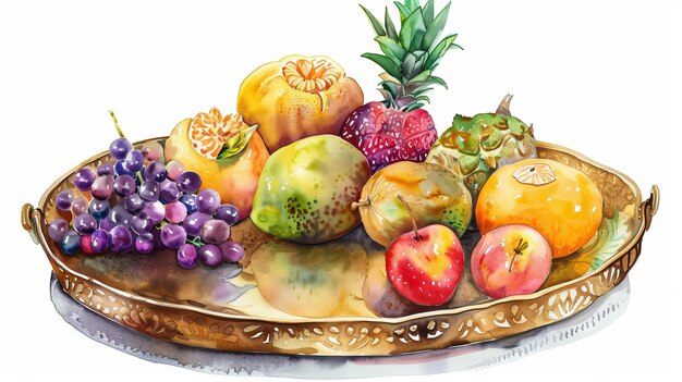 Un'illustrazione di una varietà di frutti tropicali colorati serviti su un vassoio di ottone con uno sfondo bianco è accompagnata da un ritaglio di cibo sullo sfondo Bianco