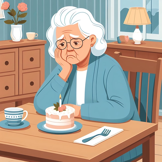 un'illustrazione di una vecchia donna con gli occhiali che guarda una torta