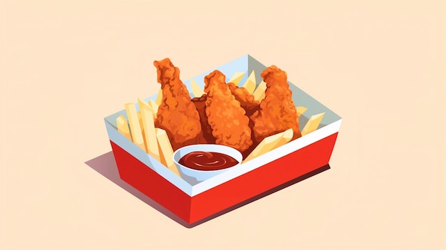 Un'illustrazione di una vista isometrica di pollo fritto in una scatola AI Generato