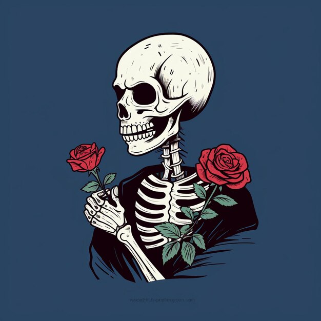 Un'illustrazione di uno scheletro con una faccia dolce che tiene un design di maglietta alla moda a fiore