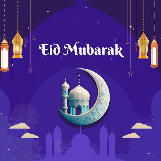 Un'illustrazione di uno sfondo blu con una moschea e una falce di luna Eid Mubarak