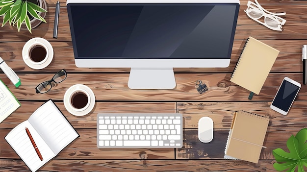 Un'illustrazione di uno spazio di lavoro con una scrittura per computer, una tazza di caffè e una pianta su un tavolo di legno