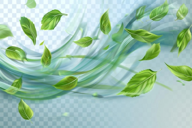 Un'illustrazione di venti blu, vortici e onde che volano sopra foglie verdi volanti, un'illustrazione di venti freschi con foglie di menta isolate su uno sfondo trasparente.