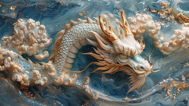 Un'illustrazione digitale 3D di uno sfondo marmorizzato blu con un ornamento a testa di drago dorato