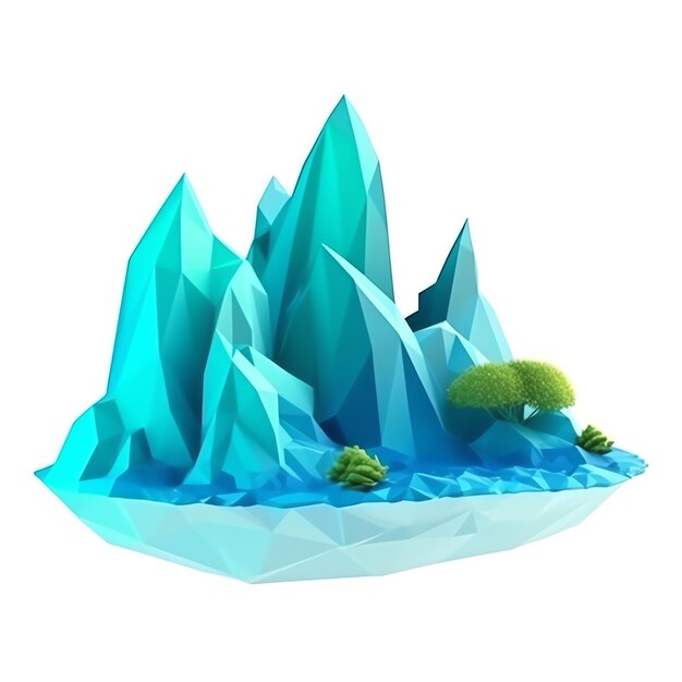 Un'illustrazione digitale delle montagne e di un iceberg blu.