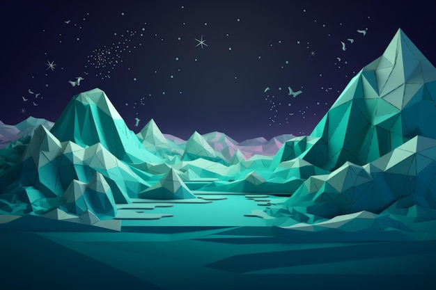 Un'illustrazione digitale delle montagne e di un lago con uno sfondo blu.