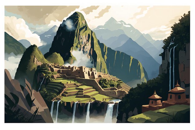 Un'illustrazione digitale di Machu Picchu, un'antica rovina inca annidata in alto nelle Ande.