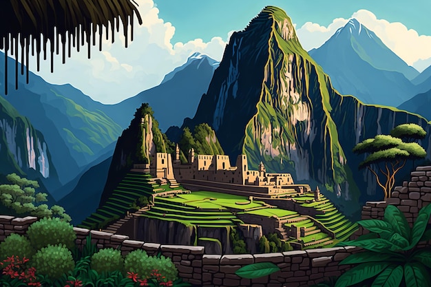 Un'illustrazione digitale di Machu Picchu, un'antica rovina inca annidata in alto nelle Ande.