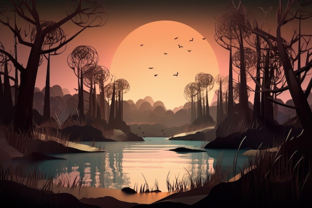 Un'illustrazione digitale di un lago con un sole dietro di esso