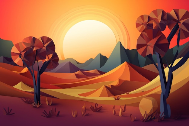 Un'illustrazione digitale di un paesaggio desertico con alberi e montagne.