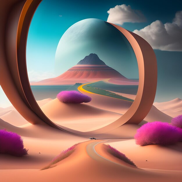 un'illustrazione digitale di un paesaggio desertico con una strada e una strada sullo sfondo.