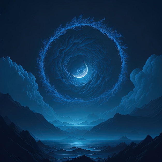 Un'illustrazione digitale di un paesaggio montano con luna e stelle