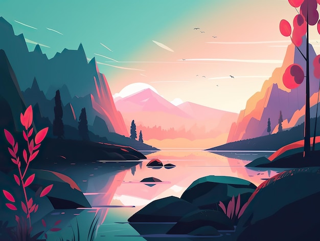 Un'illustrazione digitale di un paesaggio montano con montagne e un lago