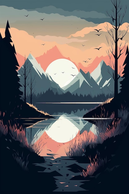 Un'illustrazione digitale di un paesaggio montano con un lago e montagne sullo sfondo.