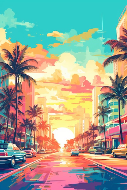 un'illustrazione digitale di un paesaggio urbano con palme e un cielo colorato.