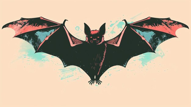 Un'illustrazione digitale di un pipistrello con le ali spalancate Il pipistrello è nero con le punte delle ali rosse e ha un'espressione sinistra sul viso