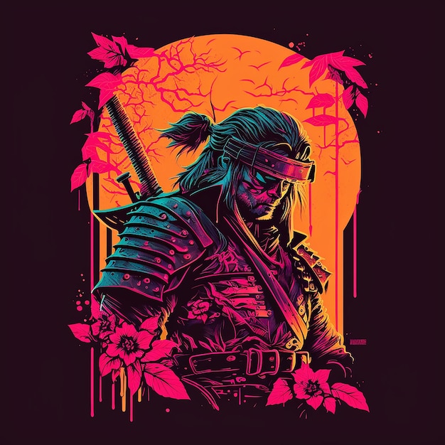 Un'illustrazione digitale di un samurai con una spada e una maschera.