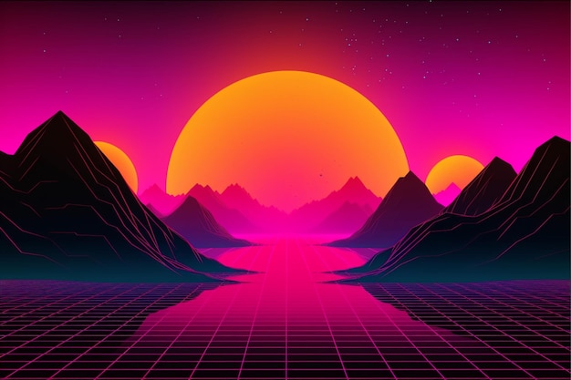 Un'illustrazione digitale di un tramonto con le montagne sullo sfondo