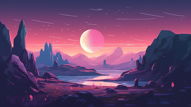 Un'illustrazione digitale di un tramonto con montagne e un lago.
