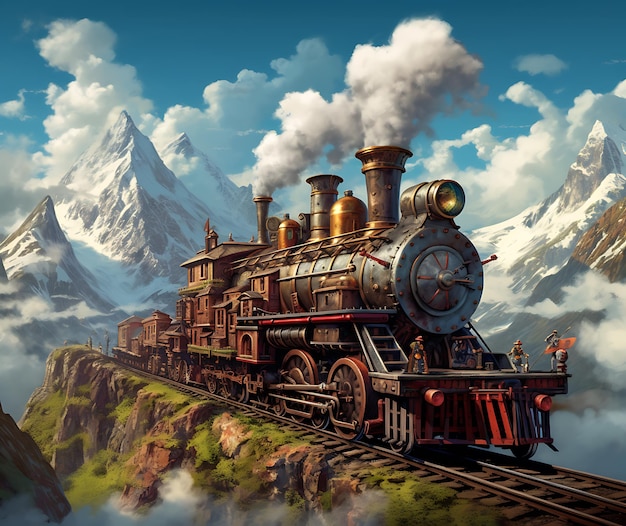 un'illustrazione digitale di un treno con le montagne sullo sfondo.
