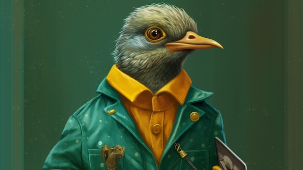 Un'illustrazione digitale di un uccello che indossa un verde