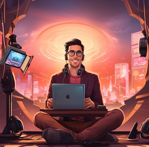 un'illustrazione digitale di un uomo con gli occhiali e un computer portatile.