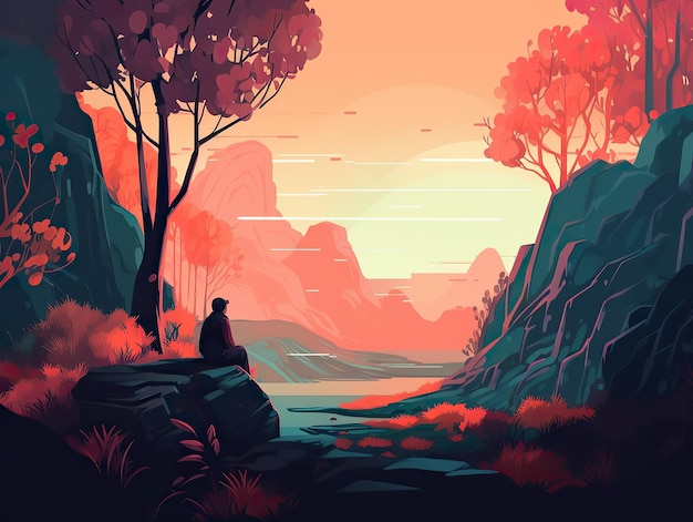 Un'illustrazione digitale di un uomo seduto su una roccia in una valle con un tramonto sullo sfondo