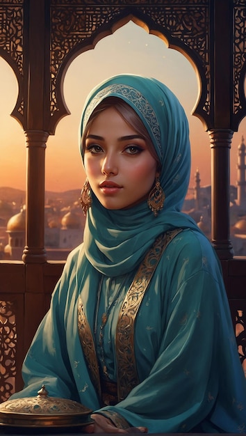 Un'illustrazione digitale di una bella ragazza nelle vibrazioni del Ramadan