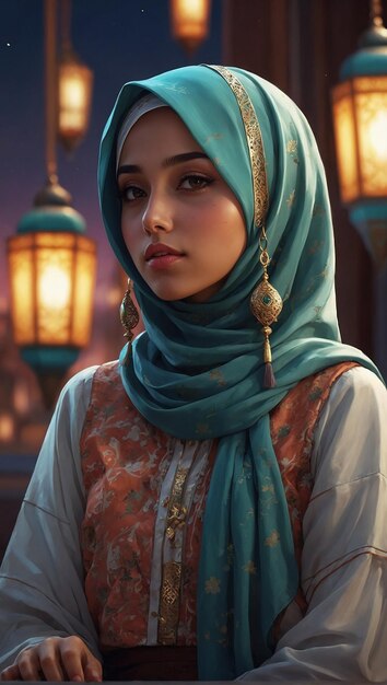 Un'illustrazione digitale di una bella ragazza nelle vibrazioni del Ramadan