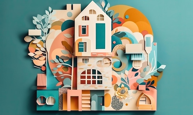 Un'illustrazione digitale di una casa con uno sfondo blu e una casa con un tetto rosso casa astratta collage di carta alla moda design generativo AI