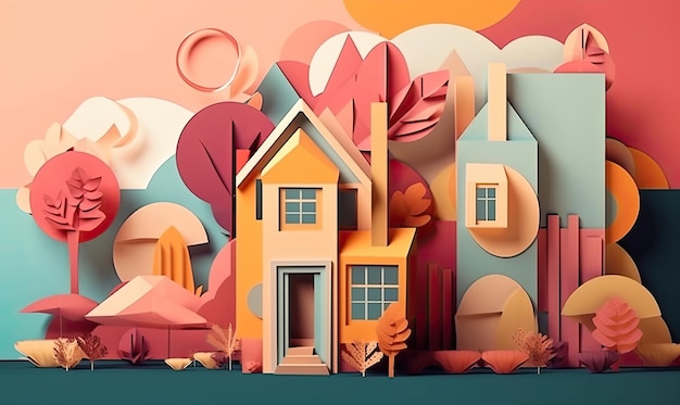 Un'illustrazione digitale di una casa con uno sfondo blu e una casa con un tetto rosso casa astratta collage di carta alla moda design generativo AI