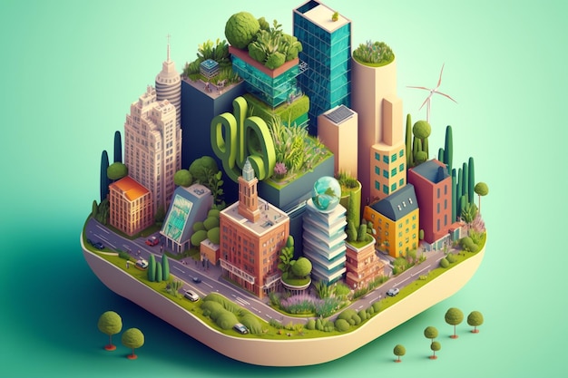 Un'illustrazione digitale di una città con sopra una città verde.