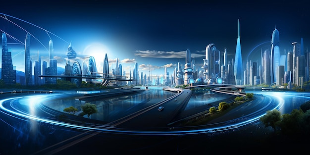 Un'illustrazione digitale di una città con un cielo blu e una città sullo sfondo.