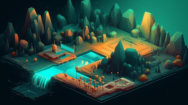 Un'illustrazione digitale di una città con una foresta e un lago.