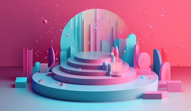 Un'illustrazione digitale di una città con una grande torre in rosa e blu.