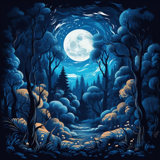 Un'illustrazione digitale di una foresta con la luna piena sullo sfondo.