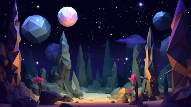Un'illustrazione digitale di una foresta con luna e stelle