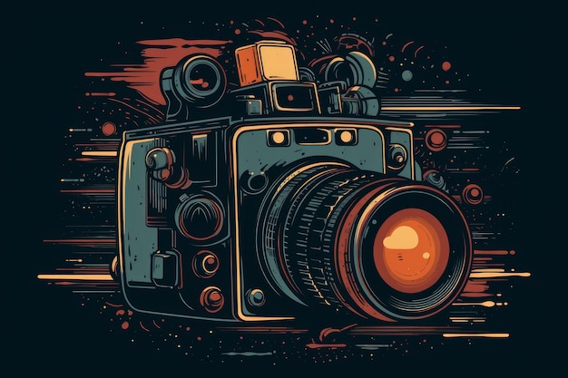 Un'illustrazione digitale di una macchina fotografica con uno sfondo rosso.