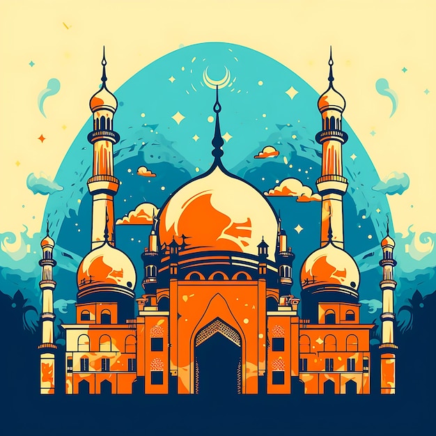 Un'illustrazione digitale di una moschea con uno sfondo blu.