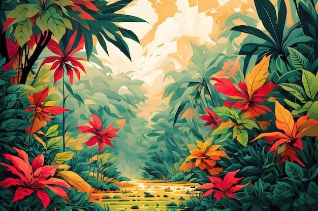 Un'illustrazione digitale di una scena della giungla tropicale Il mezzo utilizzato è la pittura digitale che crea immagini vibranti e lussureggianti